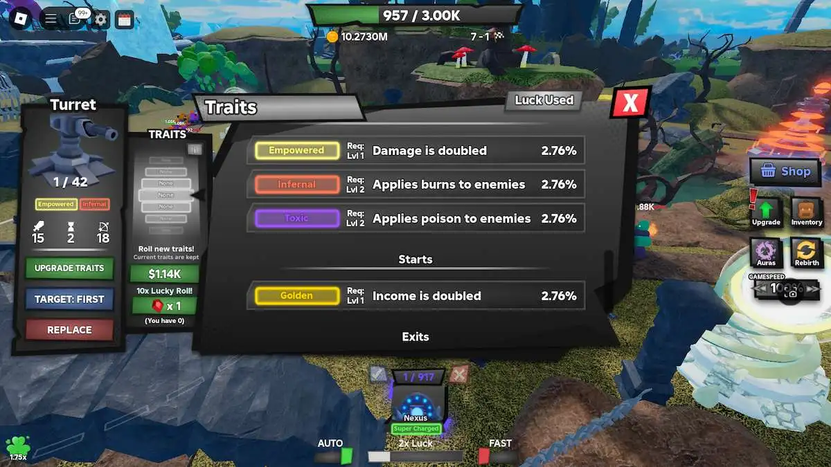 La liste des traits dans Roblox Tower Defense RNG, montrant le trait Golden.
