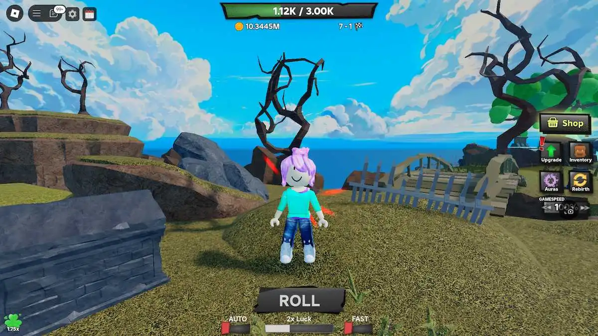 Le bouton Rouler dans Roblox Tower Defense RNG.