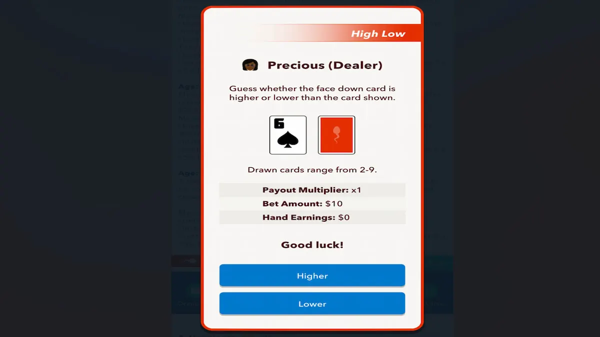 Le jeu de casino haut bas dans BitLife