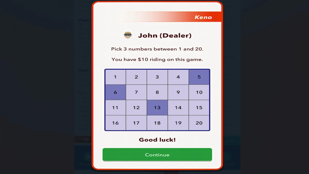 Le jeu de casino Keno dans BitLife