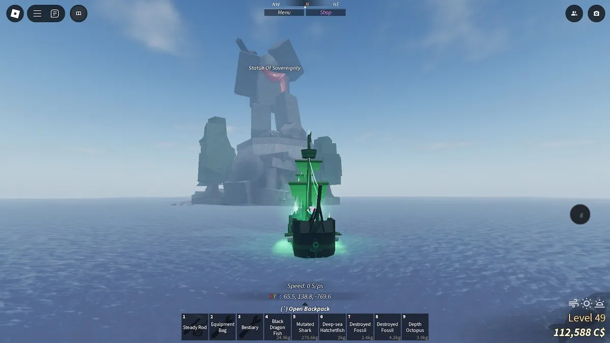 L'emplacement de la Statue de la Souveraineté à Fisch sur Roblox.