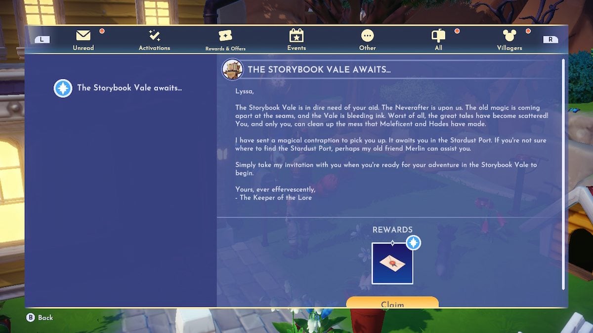 L’invitation Storybook Vale dans Disney Dreamlight Valley.