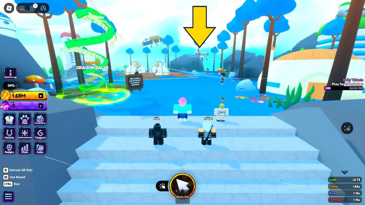 Emplacement de l'étang de pêche Dragon World dans Anime Shadow sur Roblox.