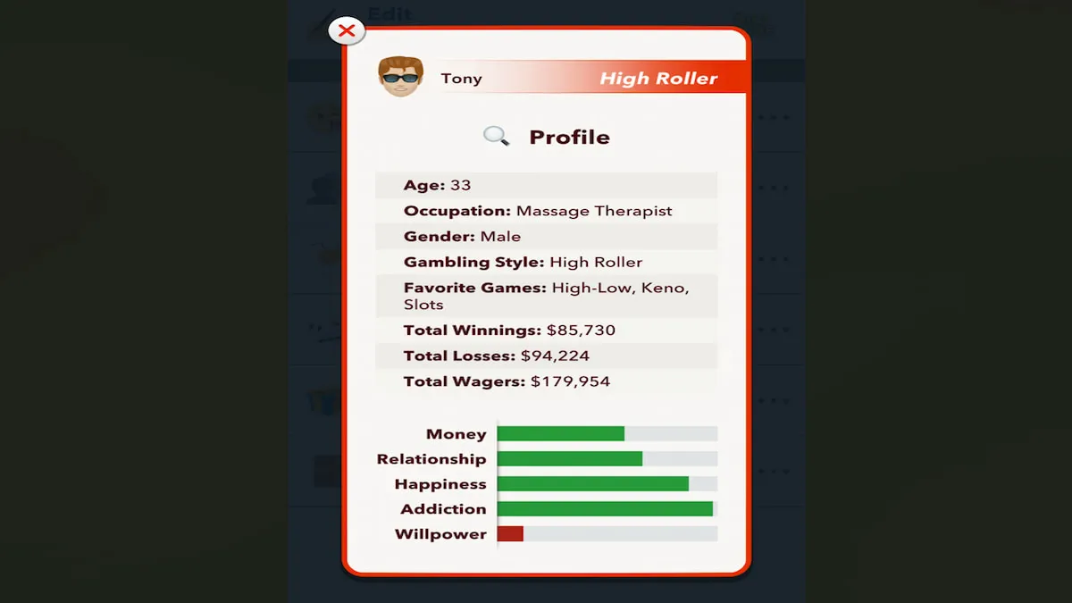 Un profil de joueur dans BitLife