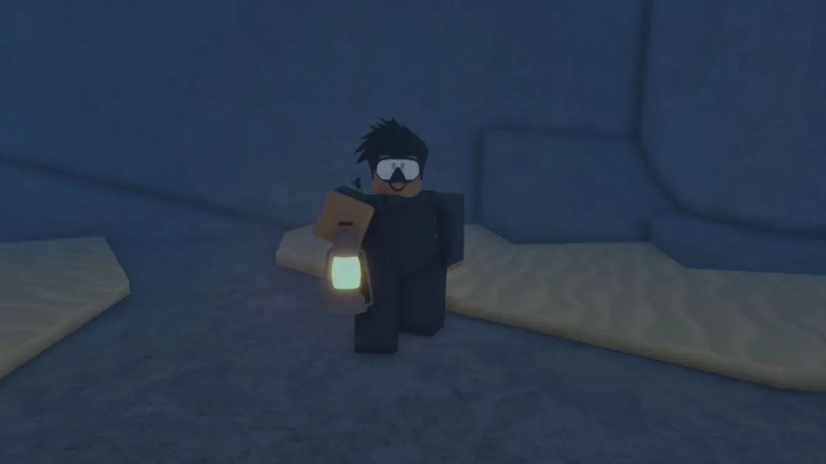 Un PNJ nommé Clarence debout avec une lampe à Desolate Pocket à Roblox Fisch.