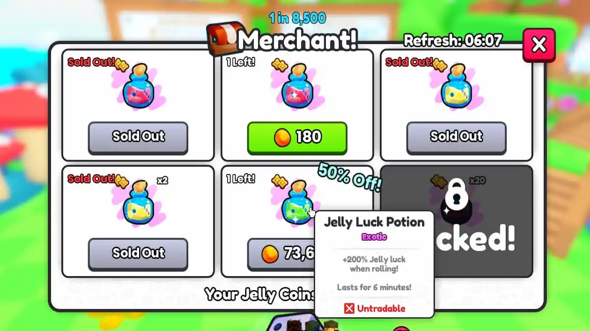 Le menu Jelly Merchant dans PETS GO