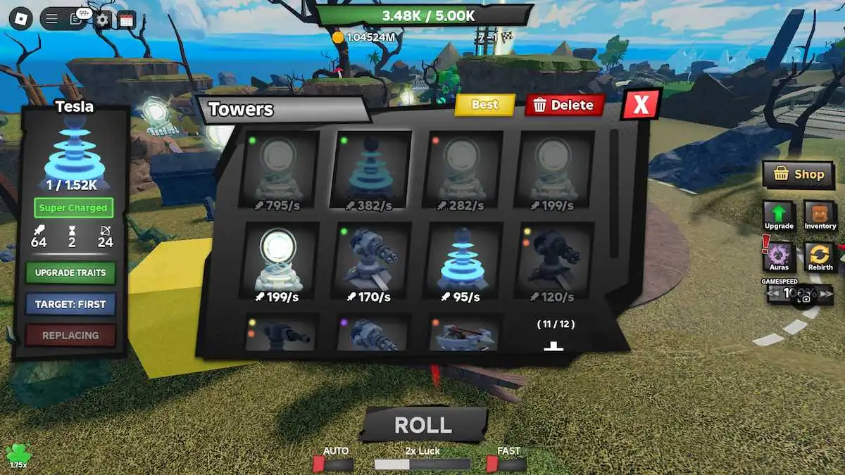 Le menu Tours dans Tower Defense RNG sur Roblox.