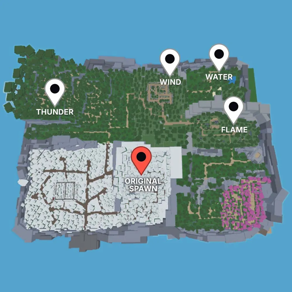 Emplacement des entraîneurs de flamme, de vent, de tonnerre, d'eau et du point d'apparition d'origine marqué sur la carte Roblox de Slayer Online.