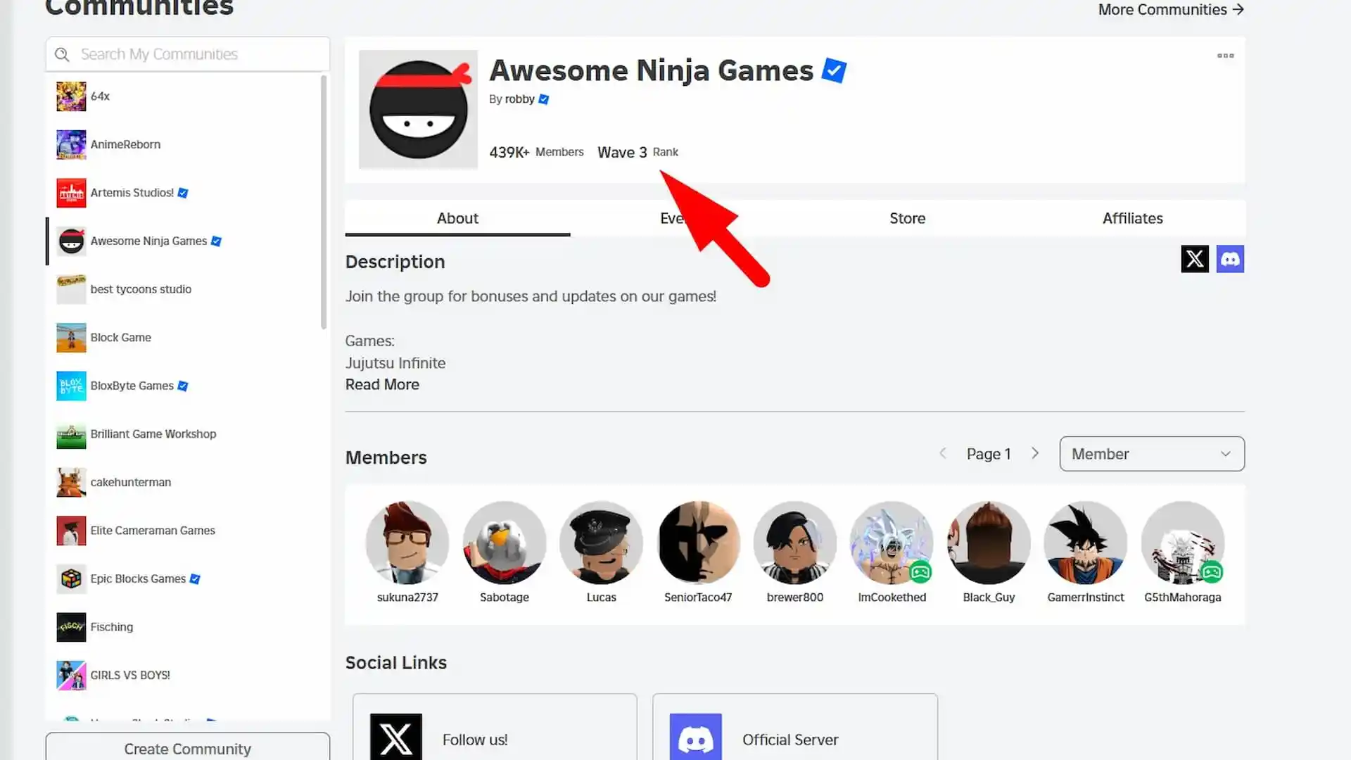 Jujutsu Infinite accès anticipé Wave 3 rang dans le groupe Awesome Ninja Games Roblox