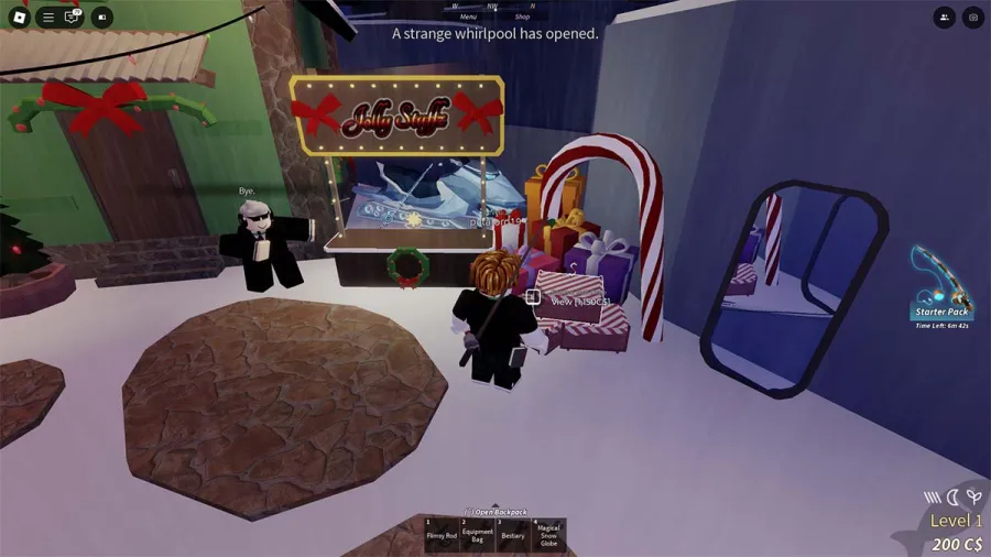 Joueur de Roblox Fisch regardant la caisse d'appâts festive