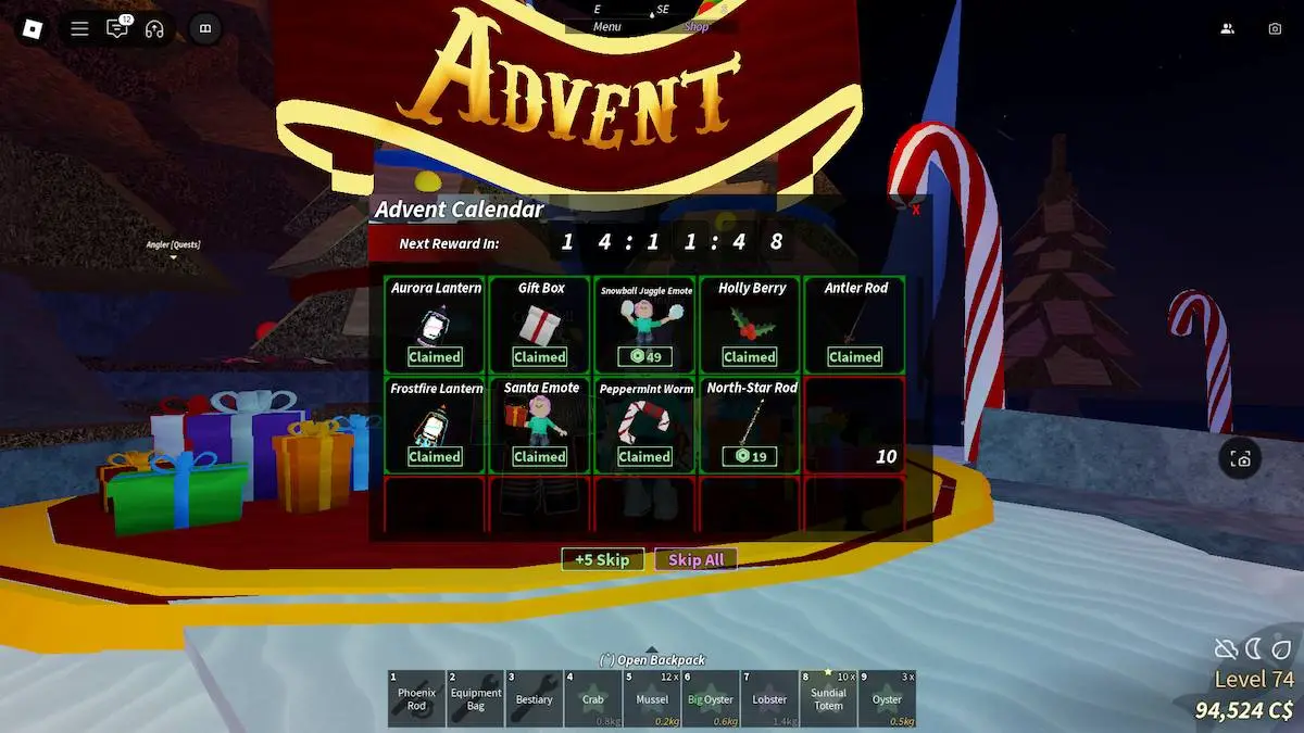 Calendrier de l'Avent montrant le North-Star Rod dans Roblox Fisch.