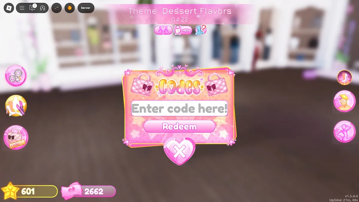 Le menu de codes dans Roblox Dress to Impress (DTI).