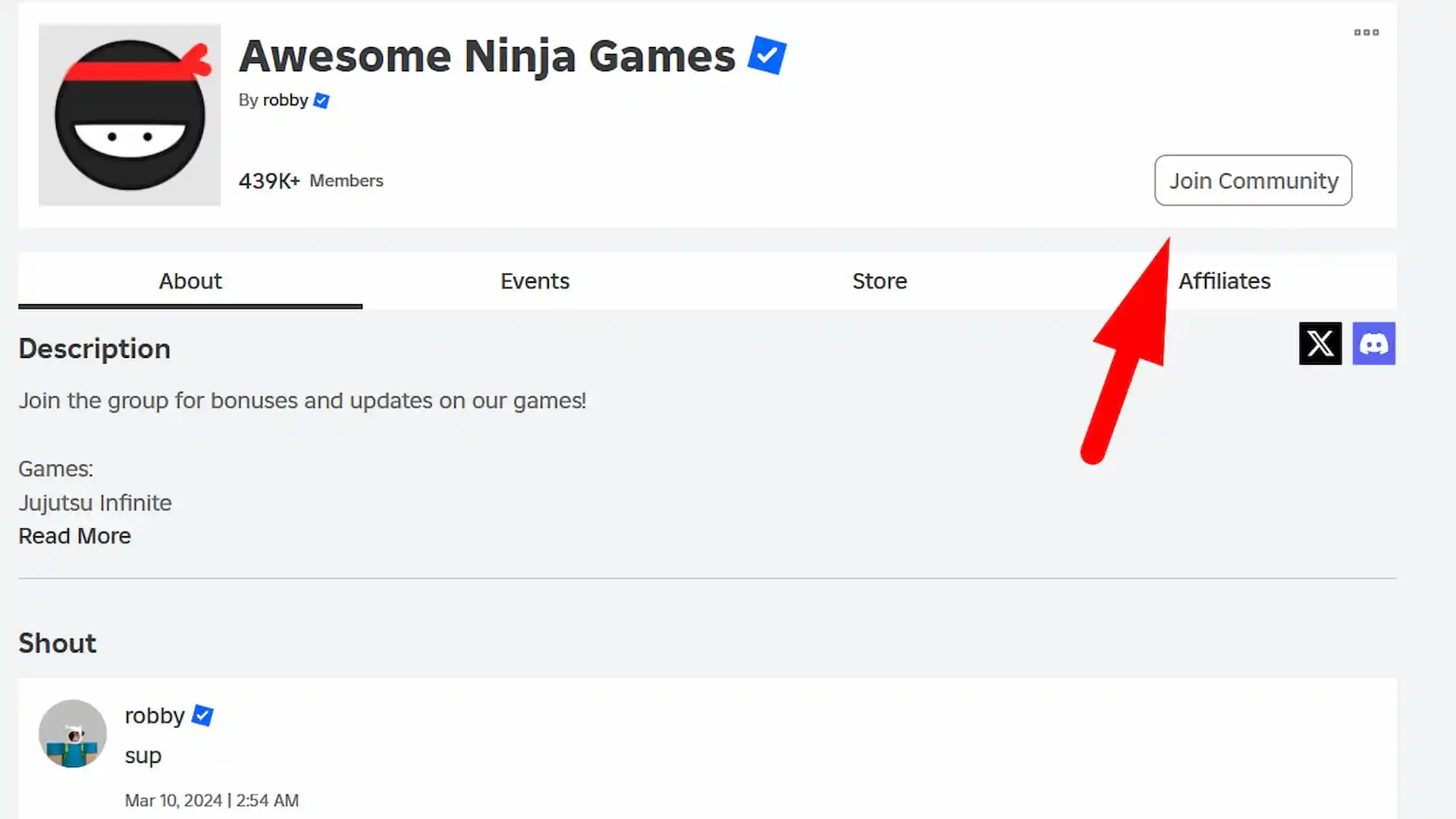 Superbe page du groupe Ninja Games Roblox