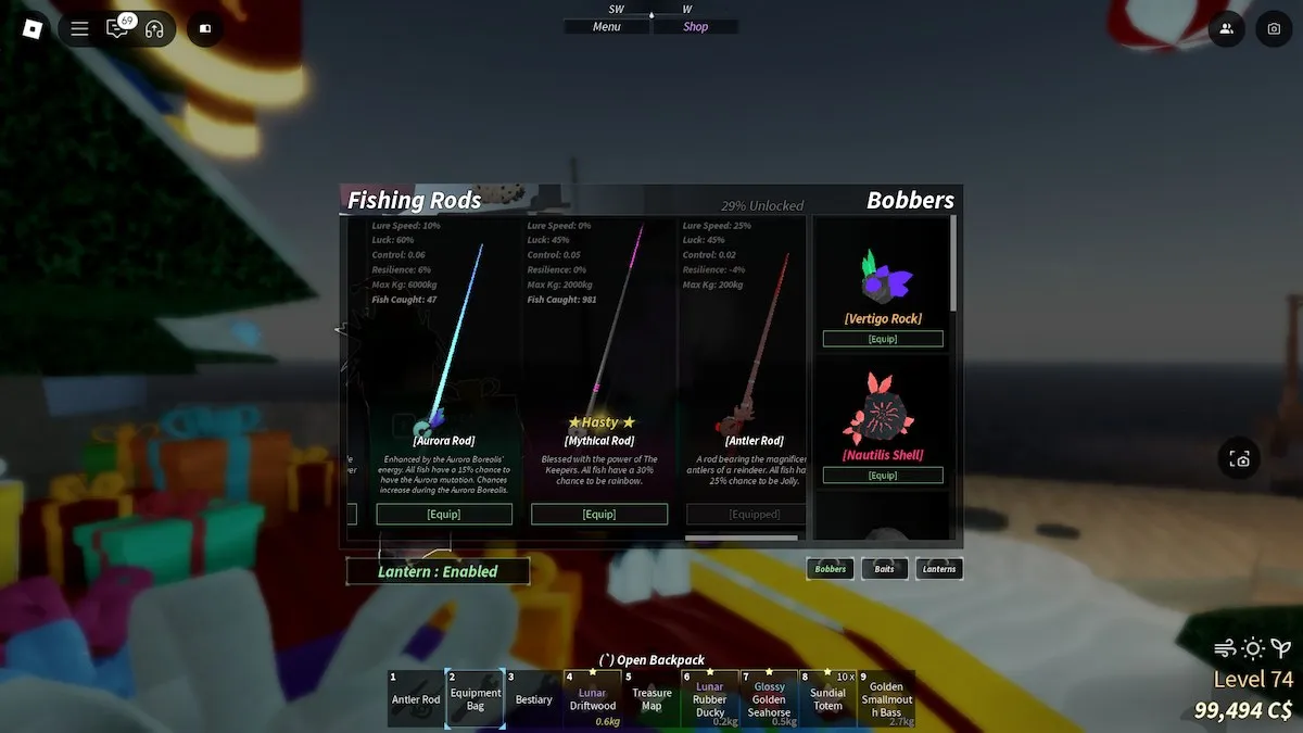 Menu Bobbers dans Roblox Fisch.