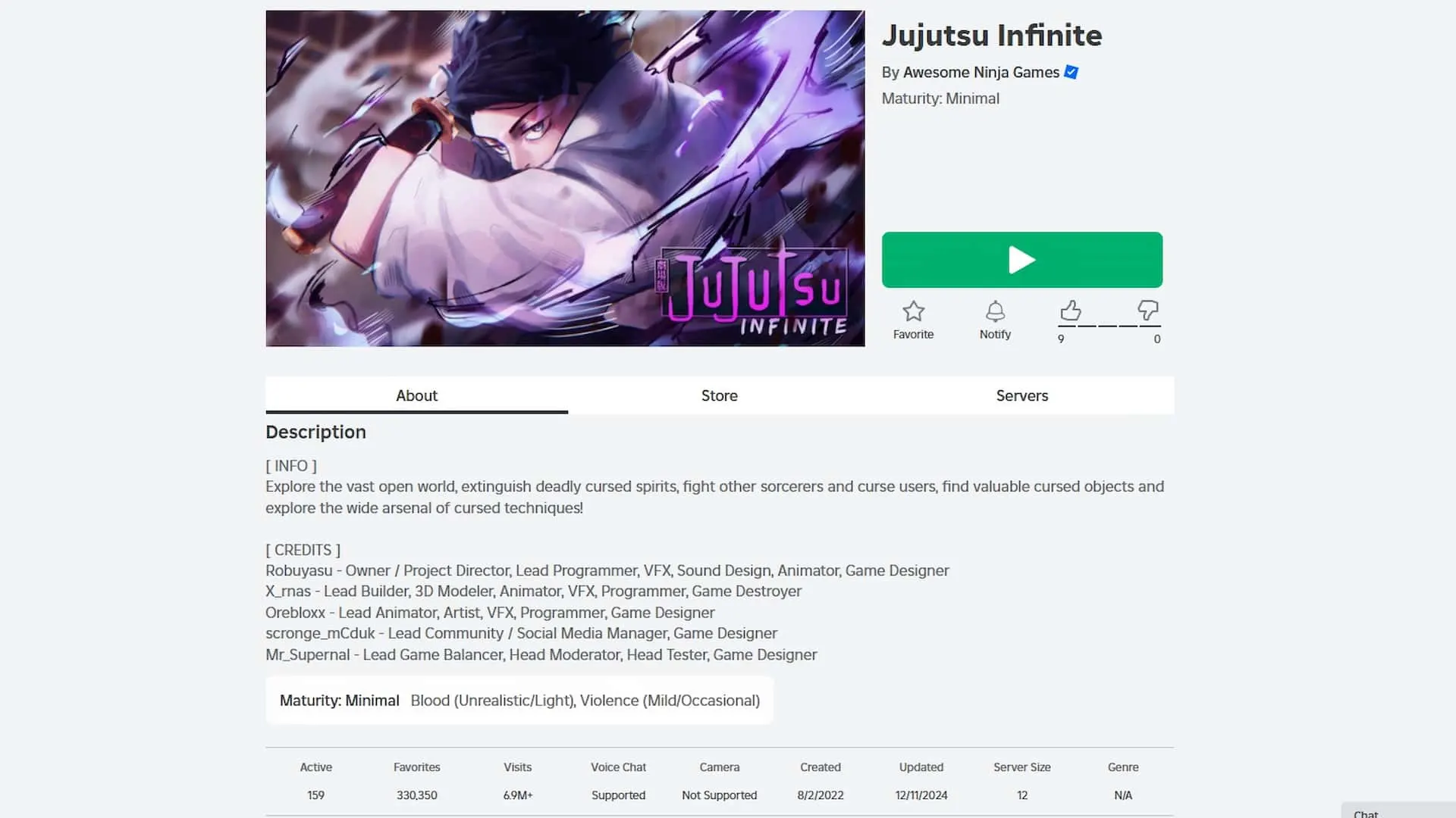 Page officielle du jeu Jujtsu Infinite sur la boutique Roblox