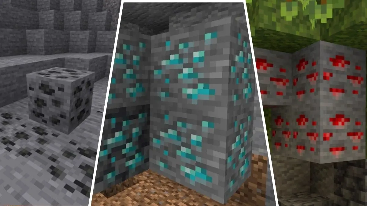 Emplacements de minerai dans Minecraft comme Coal, Diamond et Redstone.