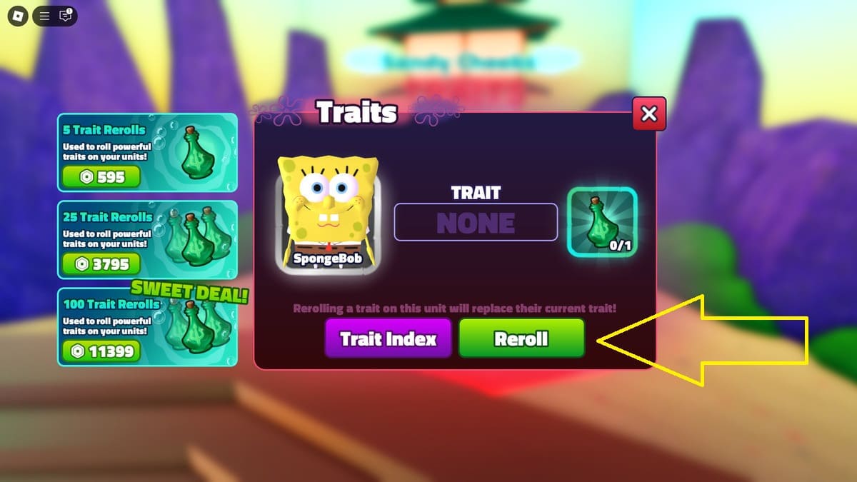 Menu de relance des traits dans Bob l'éponge Tower Defense