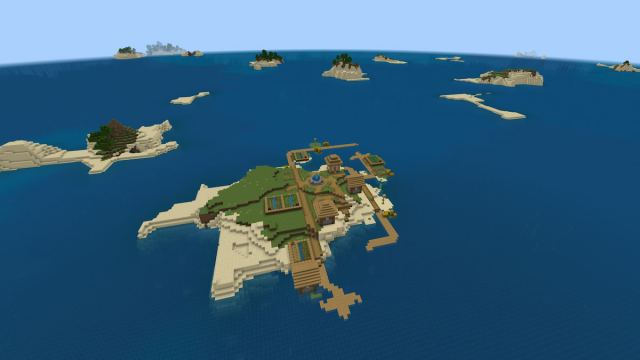 Un petit village des plaines Minecraft sur une île de plage et de plaines