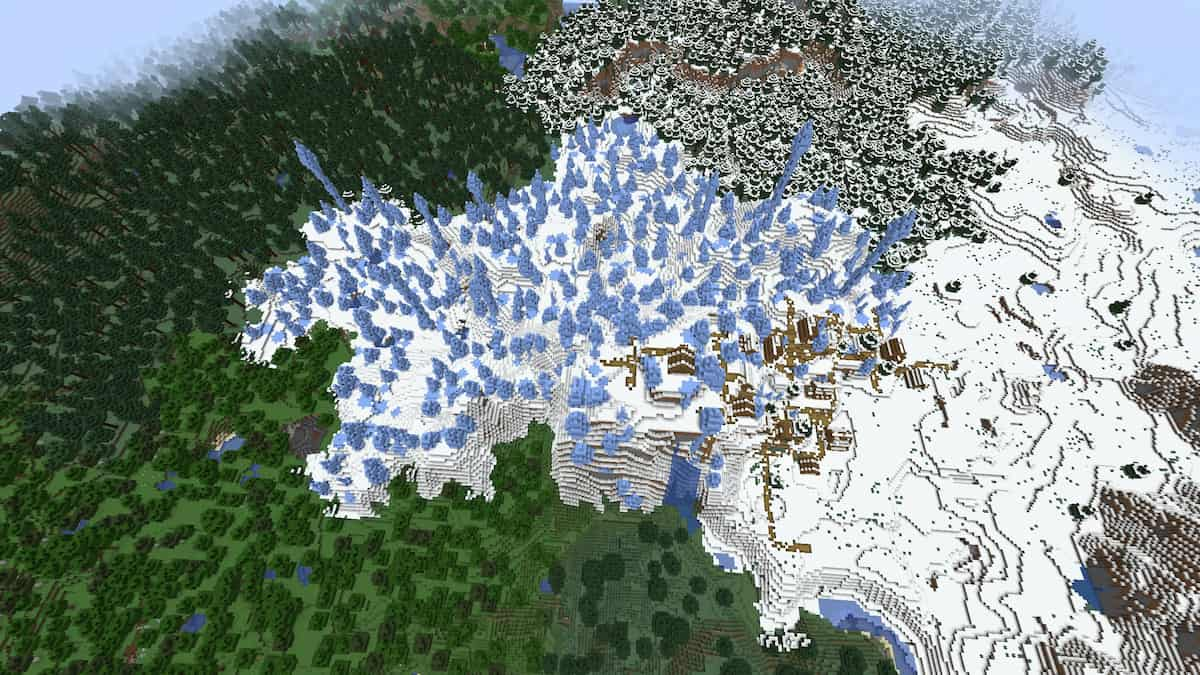 Une graine Minecraft avec un Village enneigé et un Village Taïga à côté d'un biome Ice Spikes