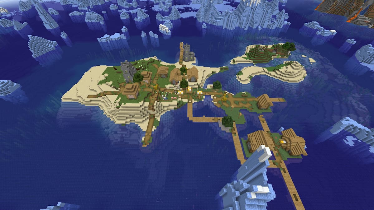 Un village Minecraft sur une petite plage dans un océan gelé