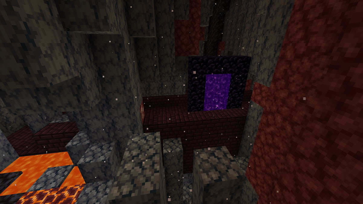 Un portail du Nether généré sur un pont de Nether Fortress dans Minecraft