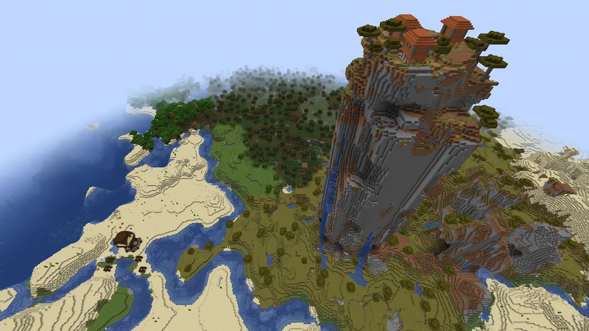 Un petit village de savane au sommet d'un biome de savane brisée dans Minecraft