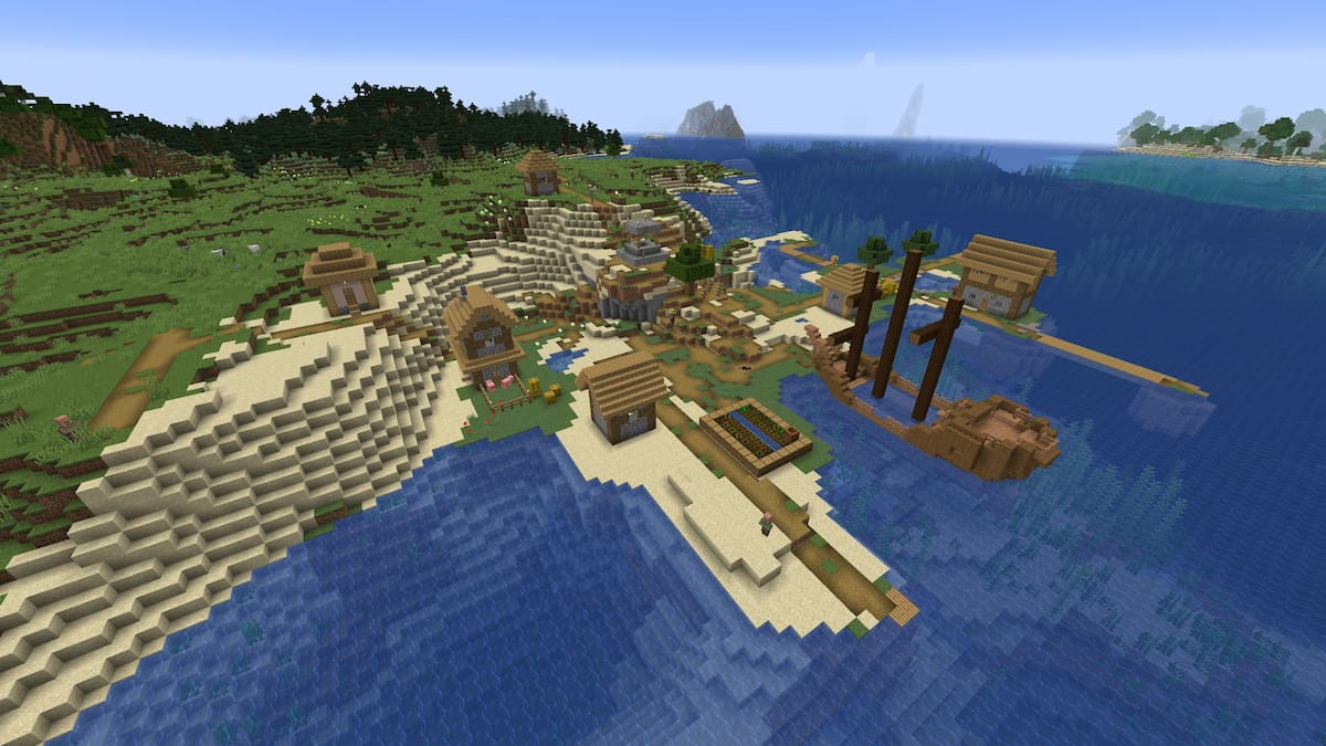 Un village des plaines Minecraft à côté d'une épave sur une plage