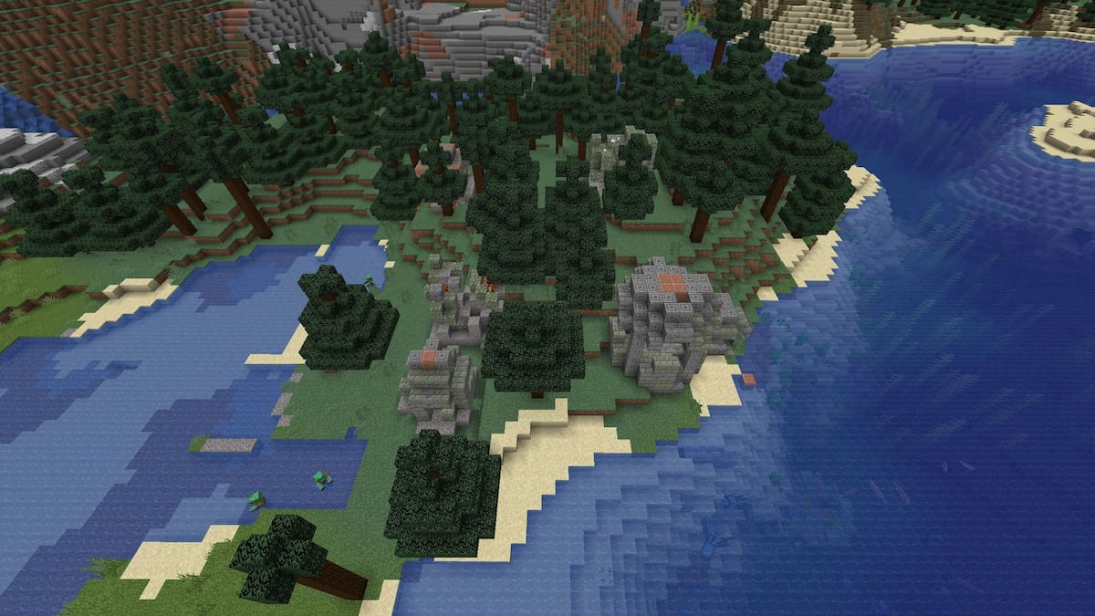 Un ensemble de ruines de l'océan froid à la surface d'un biome Minecraft Taiga