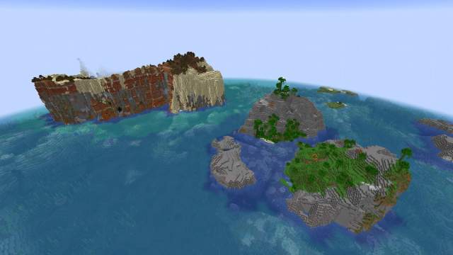 Un ensemble de grandes îles Minecraft avec une grotte luxuriante