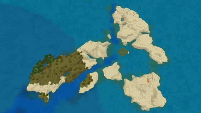 Un ensemble d'îles de désert et de savane dans un récif de corail Minecraft