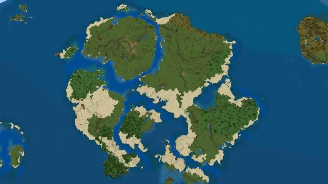 Une grande île Minecraft avec deux épaves et un village des plaines