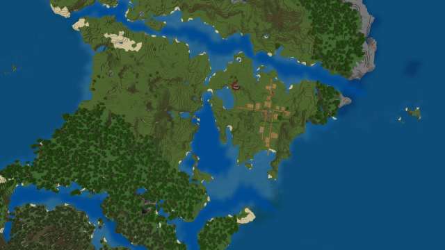 Une île Minecraft avec un village des plaines et un portail Nether en ruine