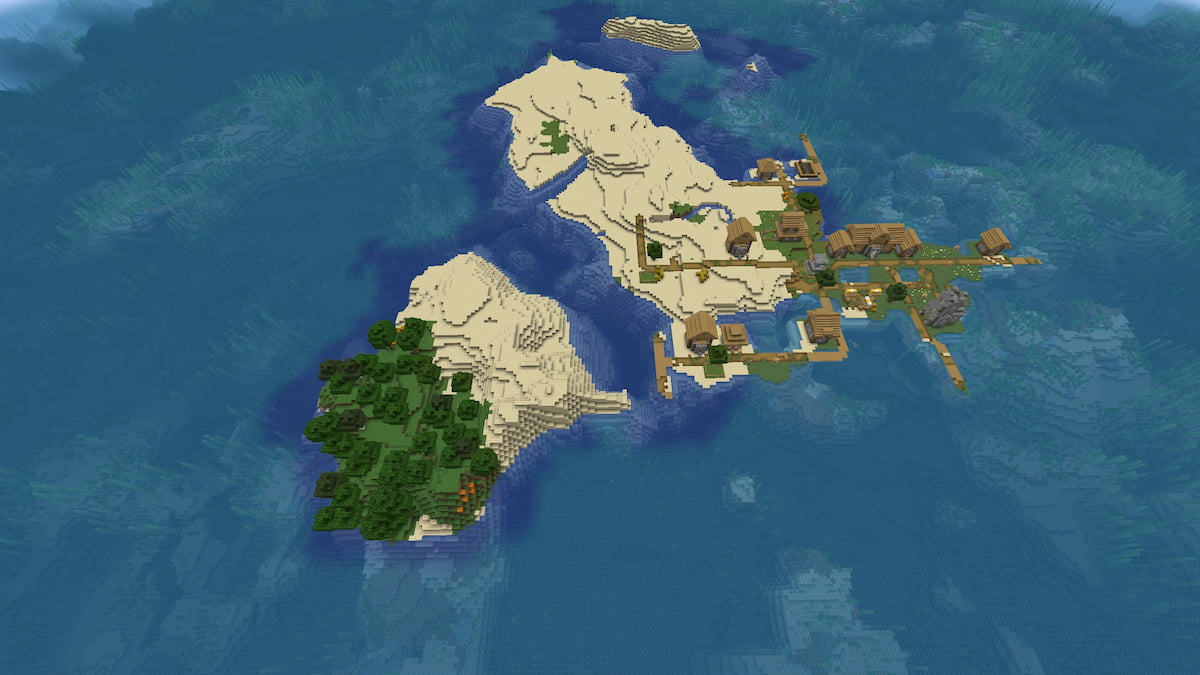 Une île Minecraft avec une longue plage de tortues et un village des plaines