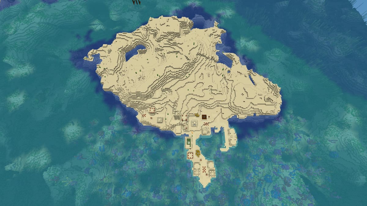 Une île déserte Minecraft avec un village désertique et un récif de corail