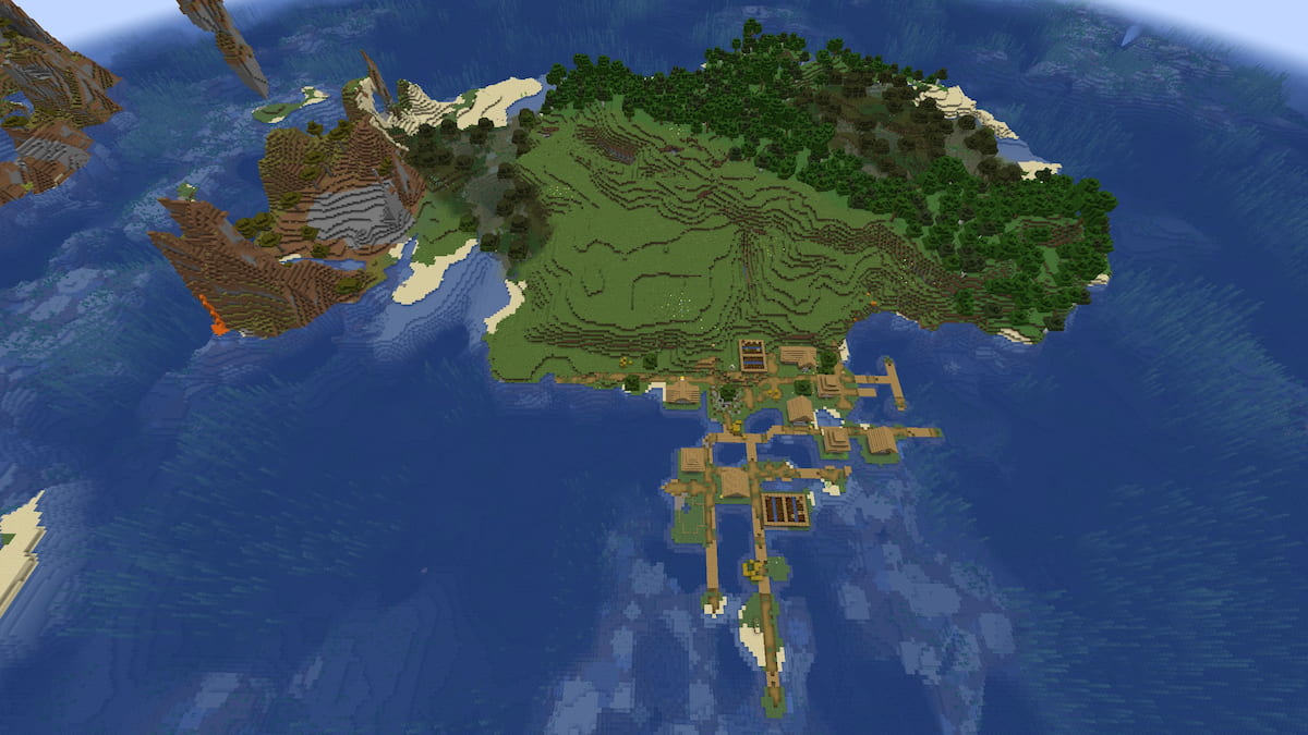 Une île Minecraft avec des biomes de savane, de plaine, de forêt et de marais balayés par le vent