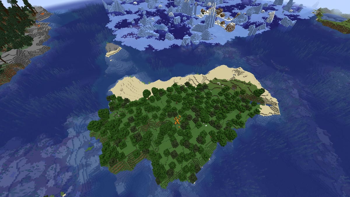 Une île forestière dans Minecraft à côté d'un village enneigé sur un biome océan gelé