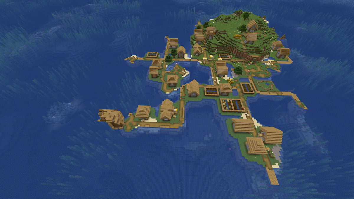 Une petite île Minecraft avec un village des plaines et une épave