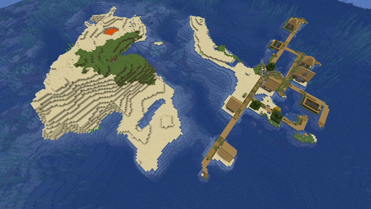 Une petite île de plage avec un village des plaines Minecraft