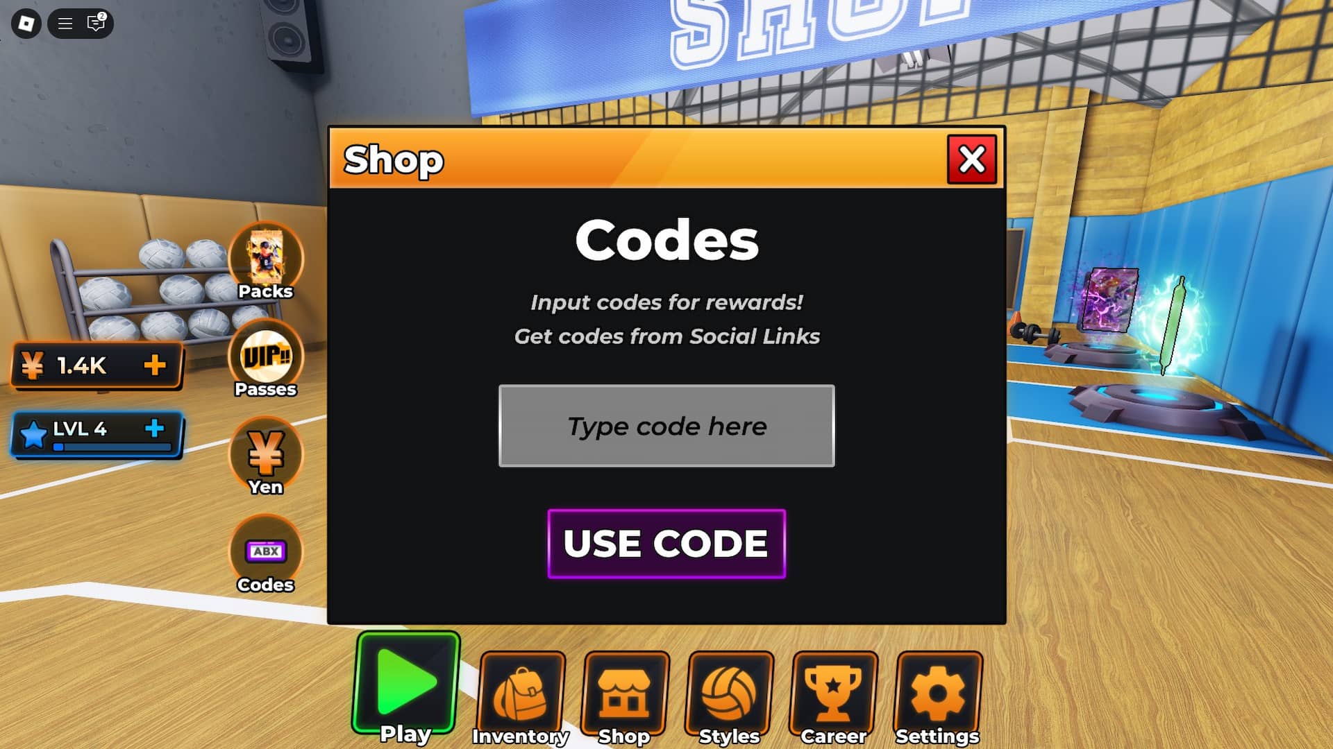 menu d'échange de codes dans les légendes haikyuu