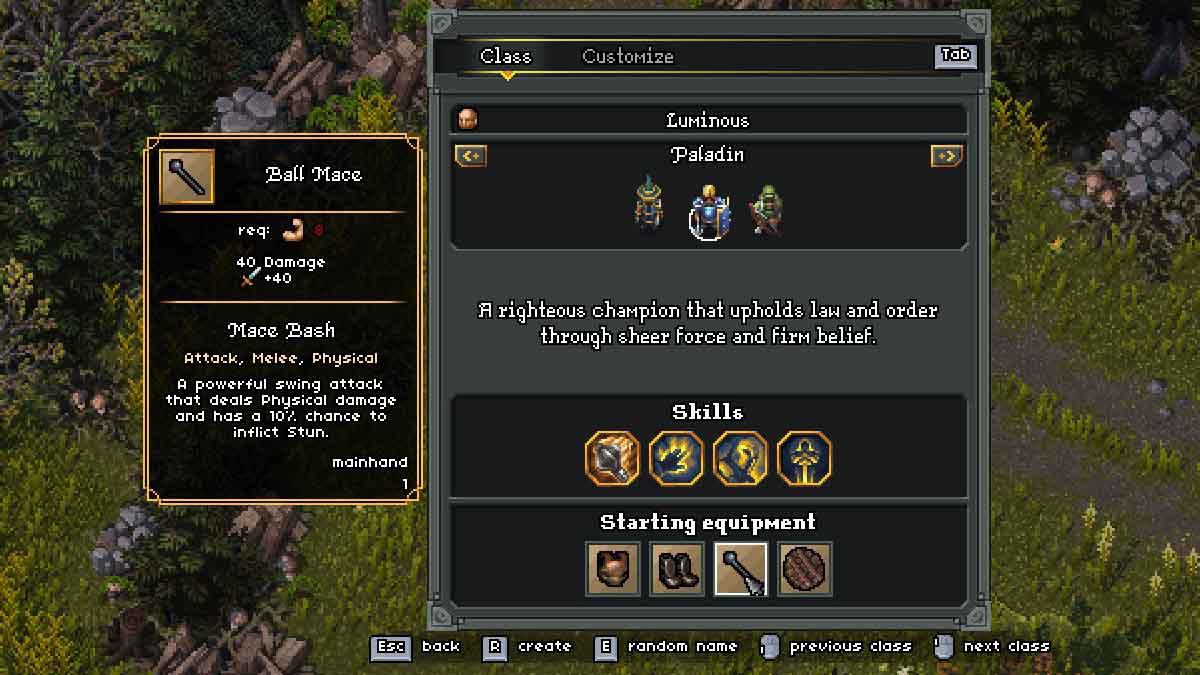 Menu de classe Paladin dans Heroes of Hammerwatch 2