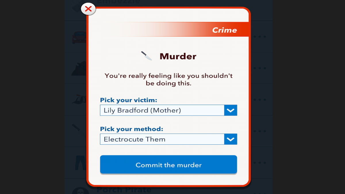 Le menu du meurtre dans Bitlife