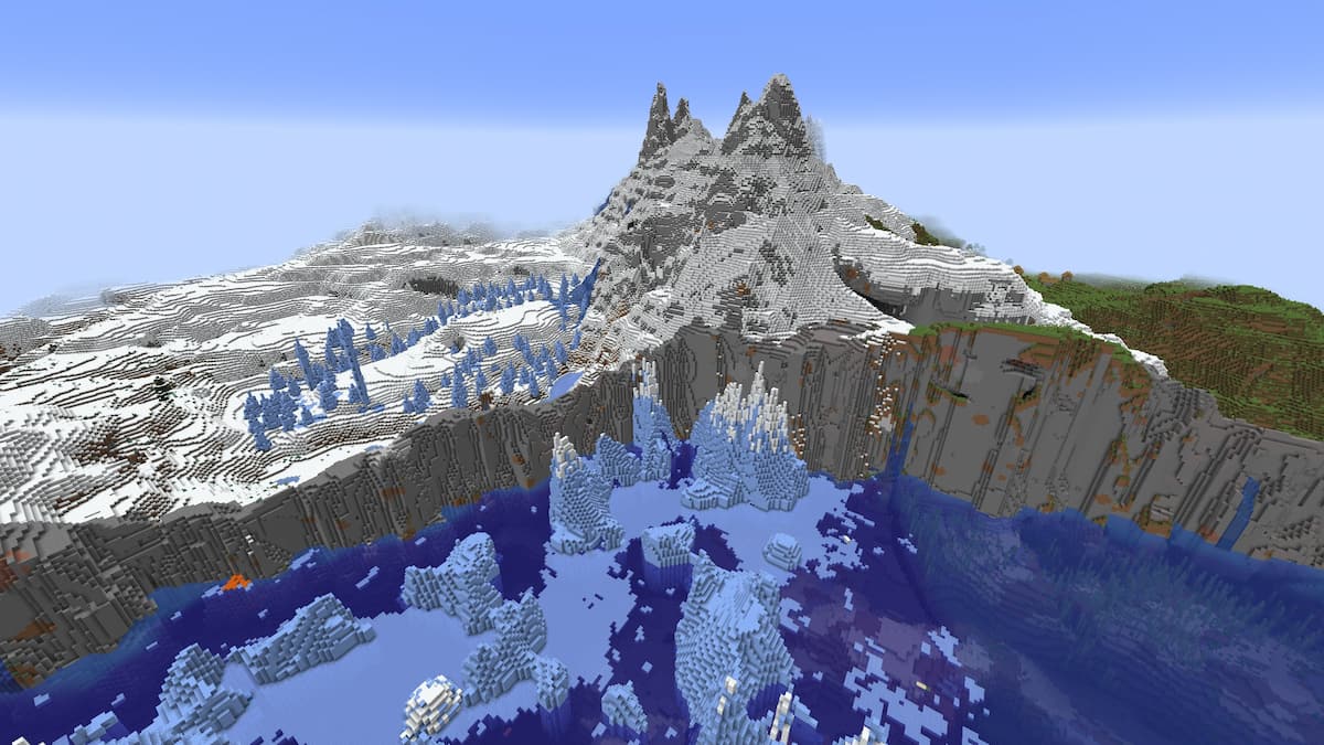 Des falaises minecraft abruptes recouvertes de neige par un océan gelé et un village des plaines