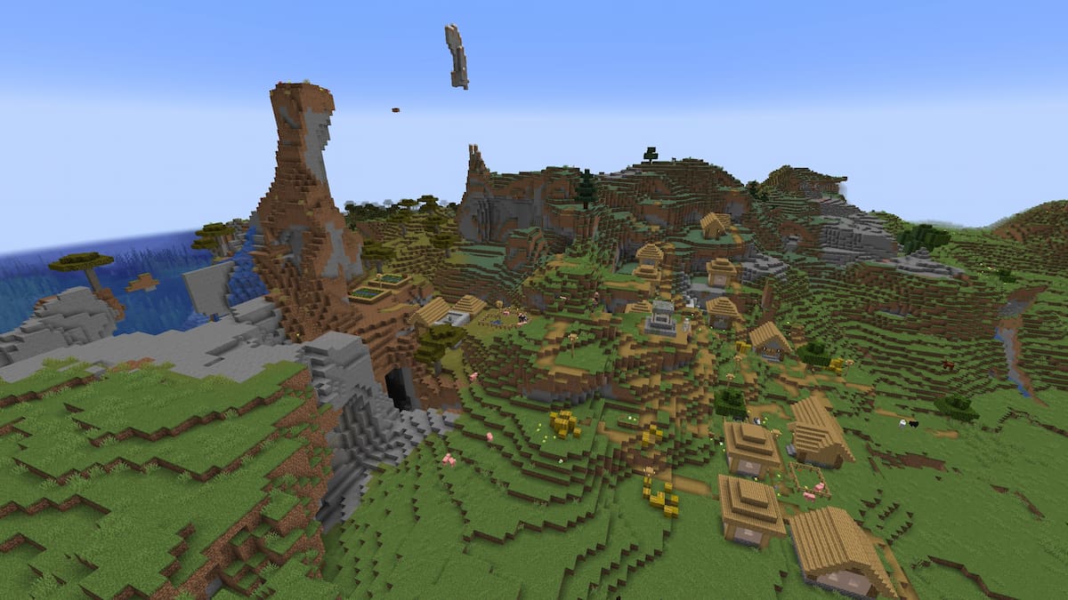 Un village de Minecraft Plains à côté d'un biome de savane balayé par le vent