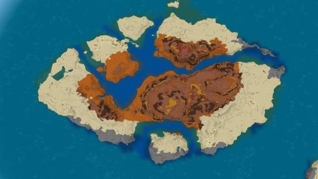 Une île Minecraft composée de Badlands et de Biomes du désert avec deux villages du désert et un temple désertique