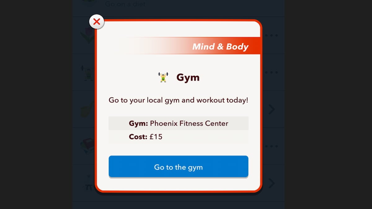 Le menu de BitLife Gym