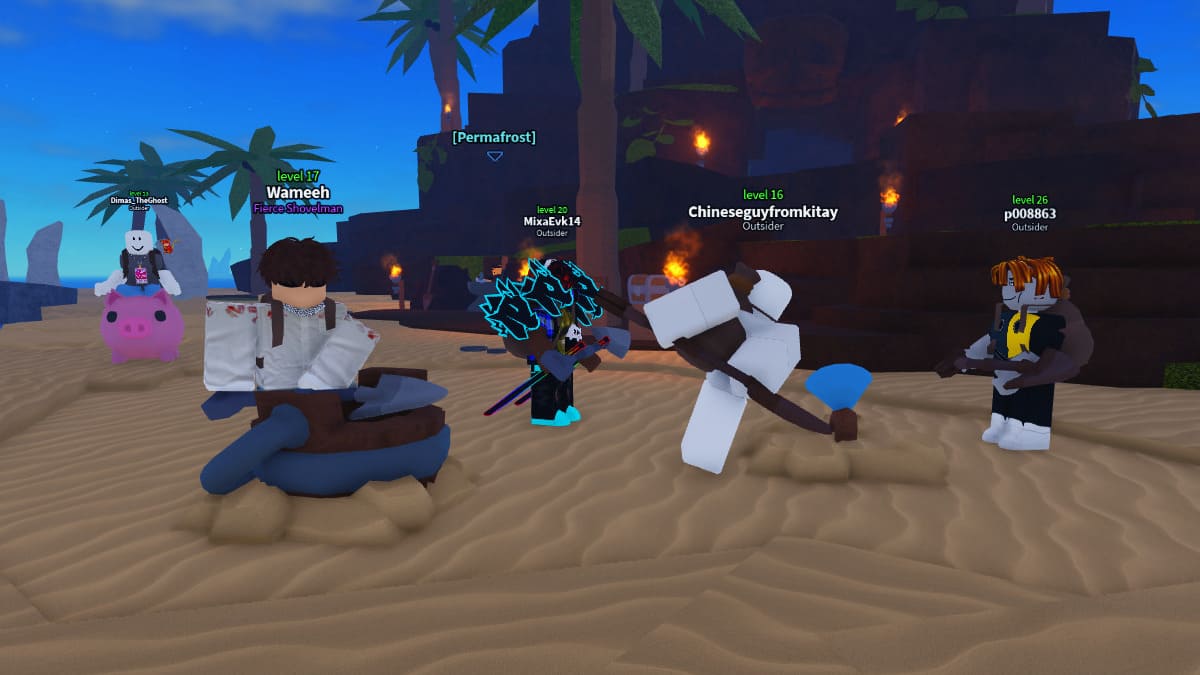 Groupe de joueurs sur l'île des pirates dans Roblox Dig It