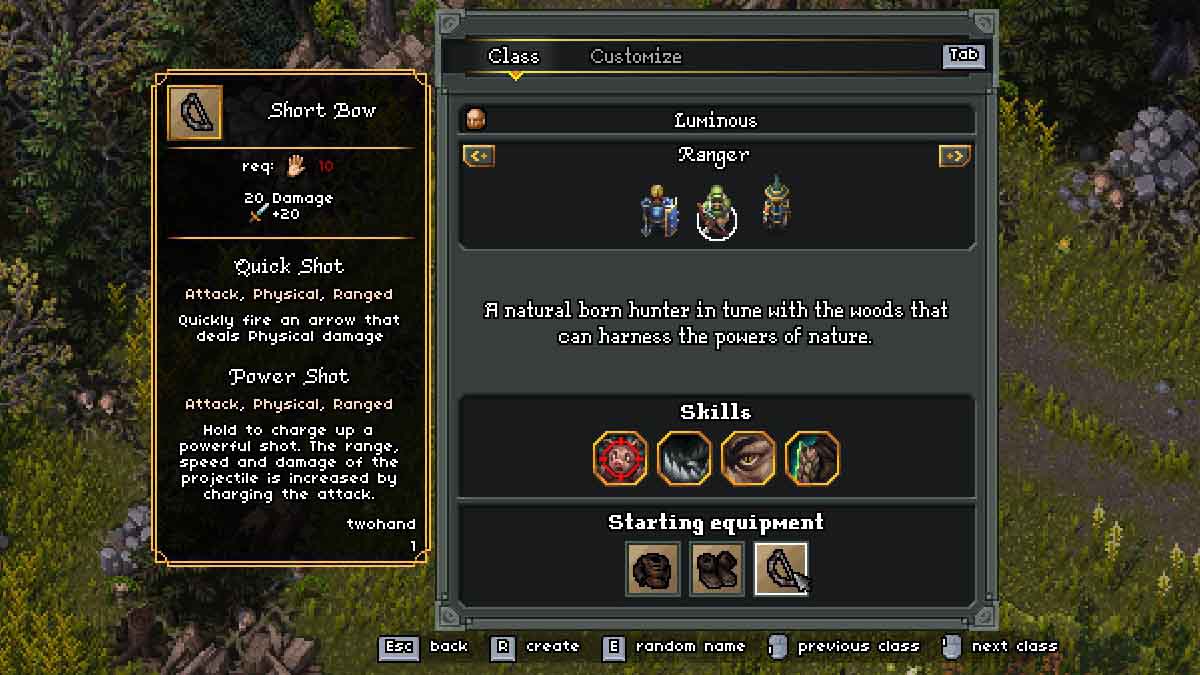 Menu de classe Ranger dans Heroes of Hammerwatch 2