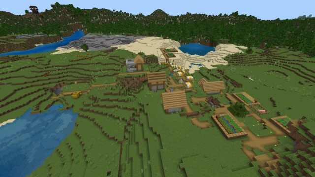 Un village des plaines sur un biome de plage avec un avant-poste de pileteur en arrière-plan à Minecraft