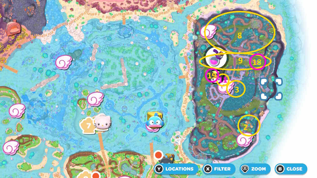 Emplacements de Swamp Null Spooky dans Hello Kitty Island Adventure.