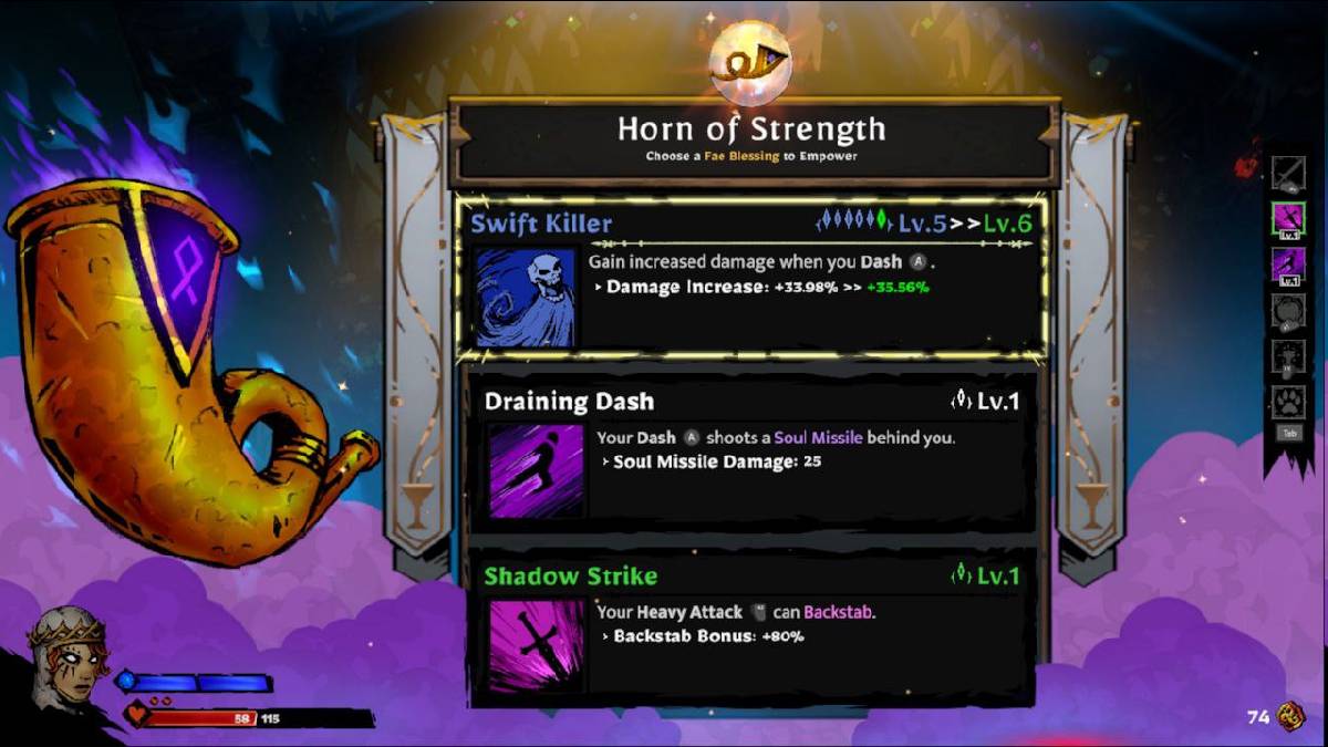 Horn of Strength Page avec Swift Killer, Daining Dash et Shadow Strike in Sworn.